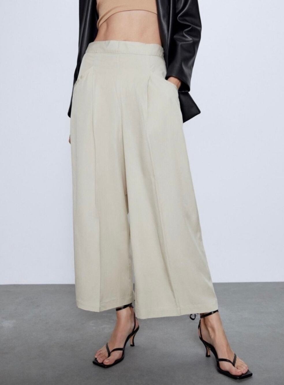 ZARA High Waisted Wide Leg Pleated Flowing Trousers Stone M 4661/198/806